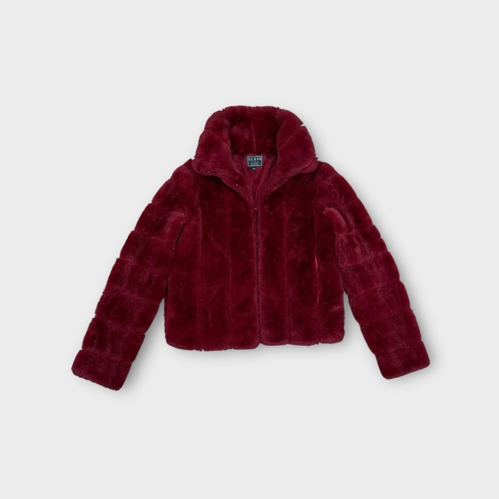 Vintage Y2K Guess Los Angeles Burgundy Faux Fur Jacket – Size S
